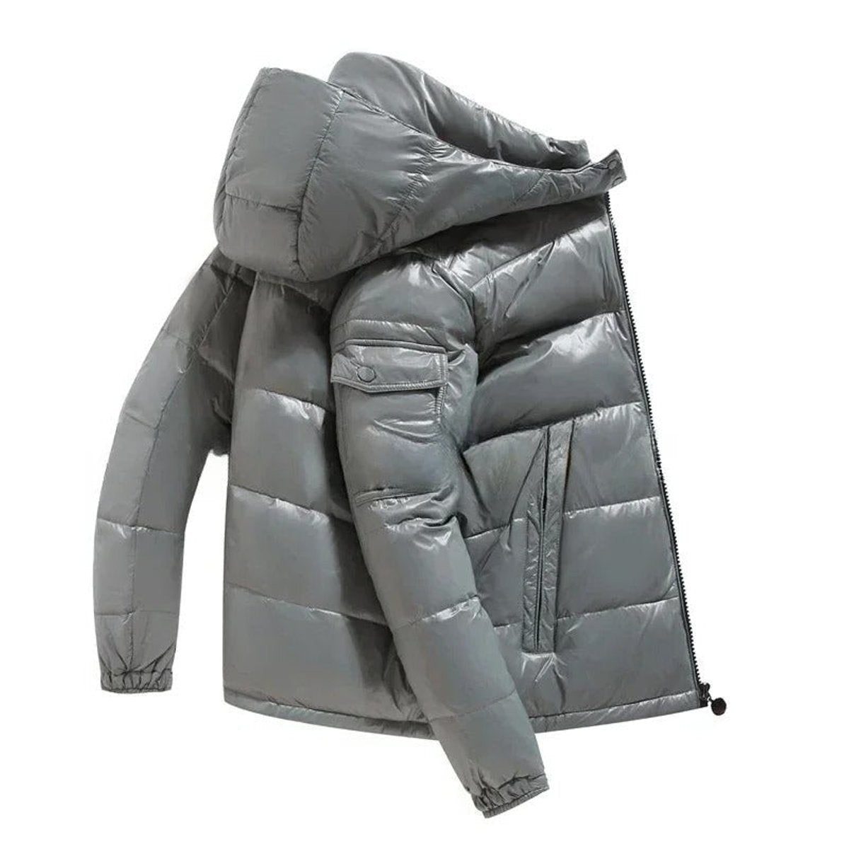 Quilted Hooded Down Puffer Jacket with Warm Padding for Men in Grey