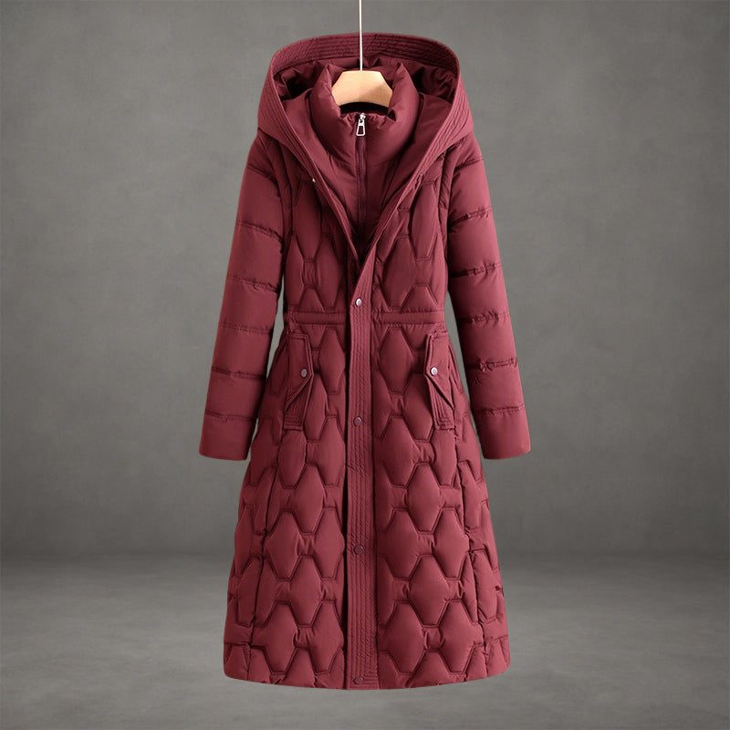 Quilted Longline Hooded Puffer Coat for Women in Red