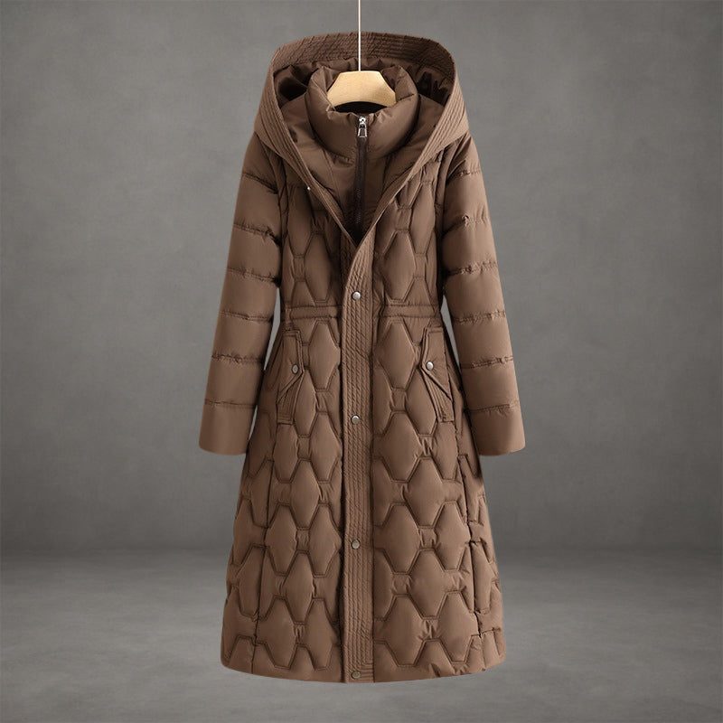Quilted Longline Hooded Puffer Coat for Women in Brown