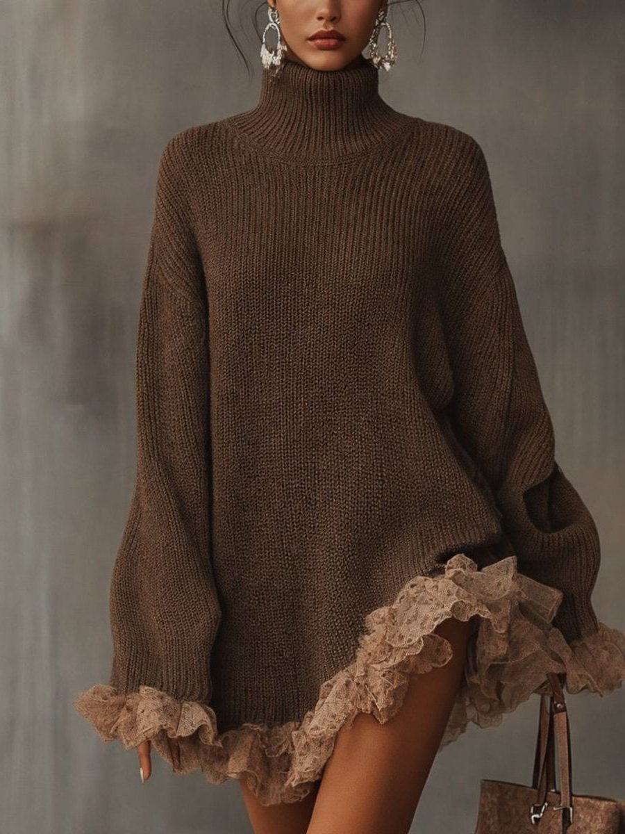 Ribbed Knit Formal Oversized Mini Dress with Roll Neck for Women in Brown