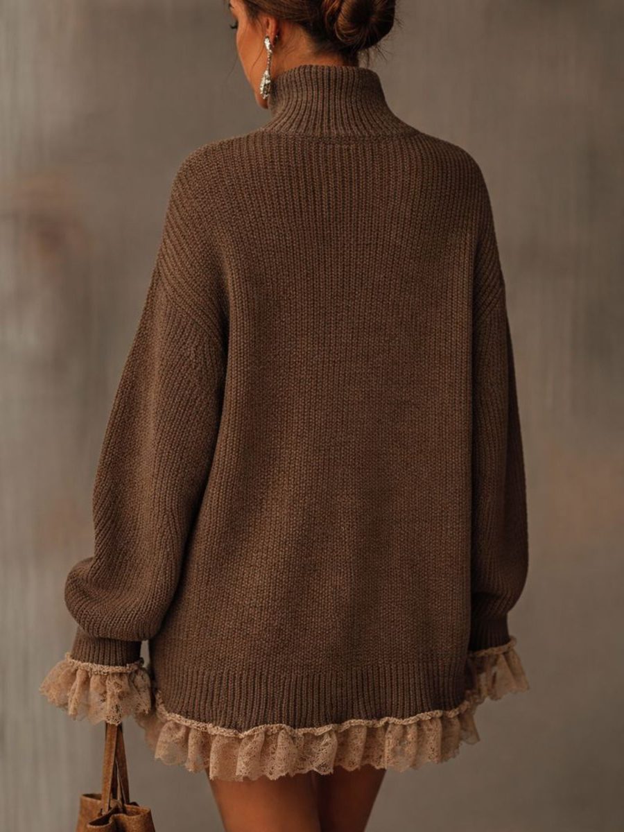 Ribbed Knit Formal Oversized Mini Dress with Roll Neck for Women