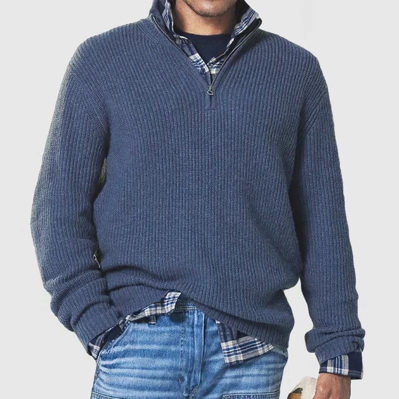 Ribbed Knit Jumper with Quarter Zip and Long Sleeves for Men in Blue