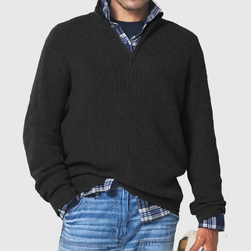 Ribbed Knit Jumper with Quarter Zip and Long Sleeves for Men in Black