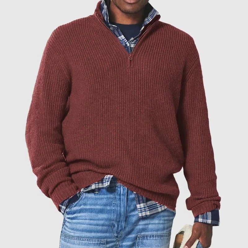 Ribbed Knit Jumper with Quarter Zip and Long Sleeves for Men in Red