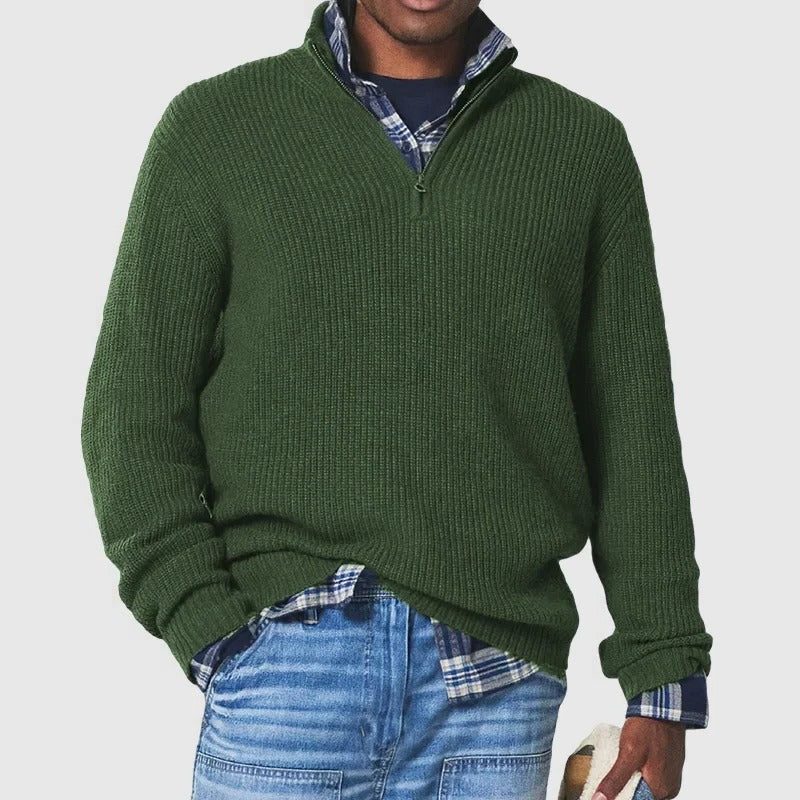 Ribbed Knit Jumper with Quarter Zip and Long Sleeves for Men in Dark Green