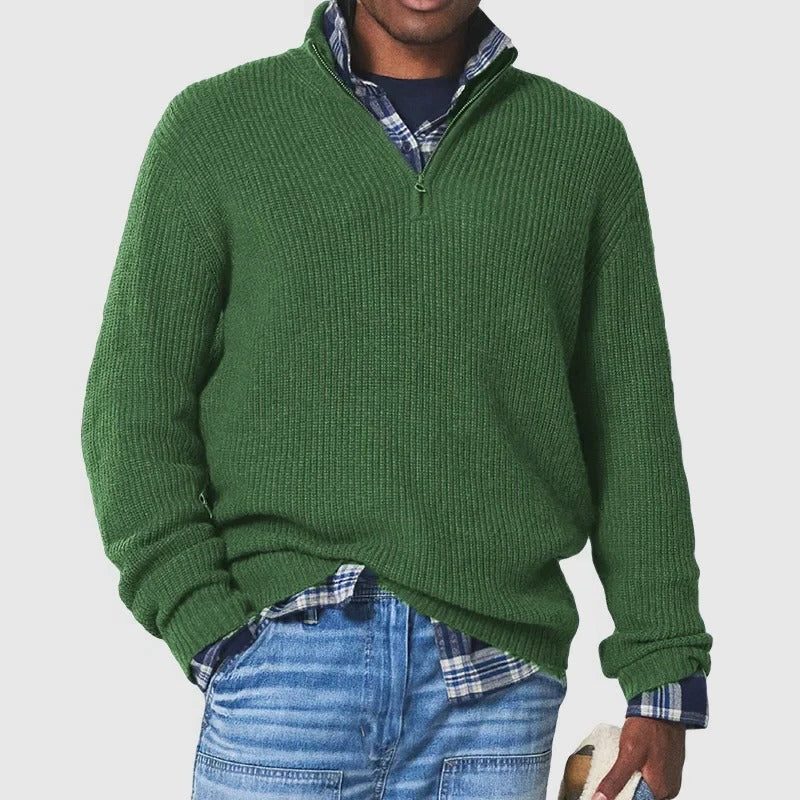 Ribbed Knit Jumper with Quarter Zip and Long Sleeves for Men in Green