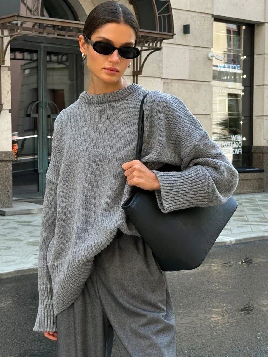 Ribbed Knit Oversized Jumper with Crew Neck for Women in Grey