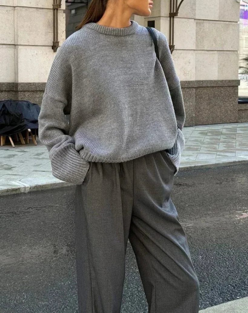 Ribbed Knit Oversized Jumper with Crew Neck for Women