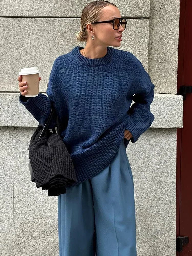 Ribbed Knit Oversized Jumper with Crew Neck for Women in Blue
