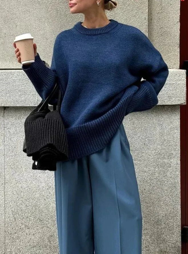 Ribbed Knit Oversized Jumper with Crew Neck for Women