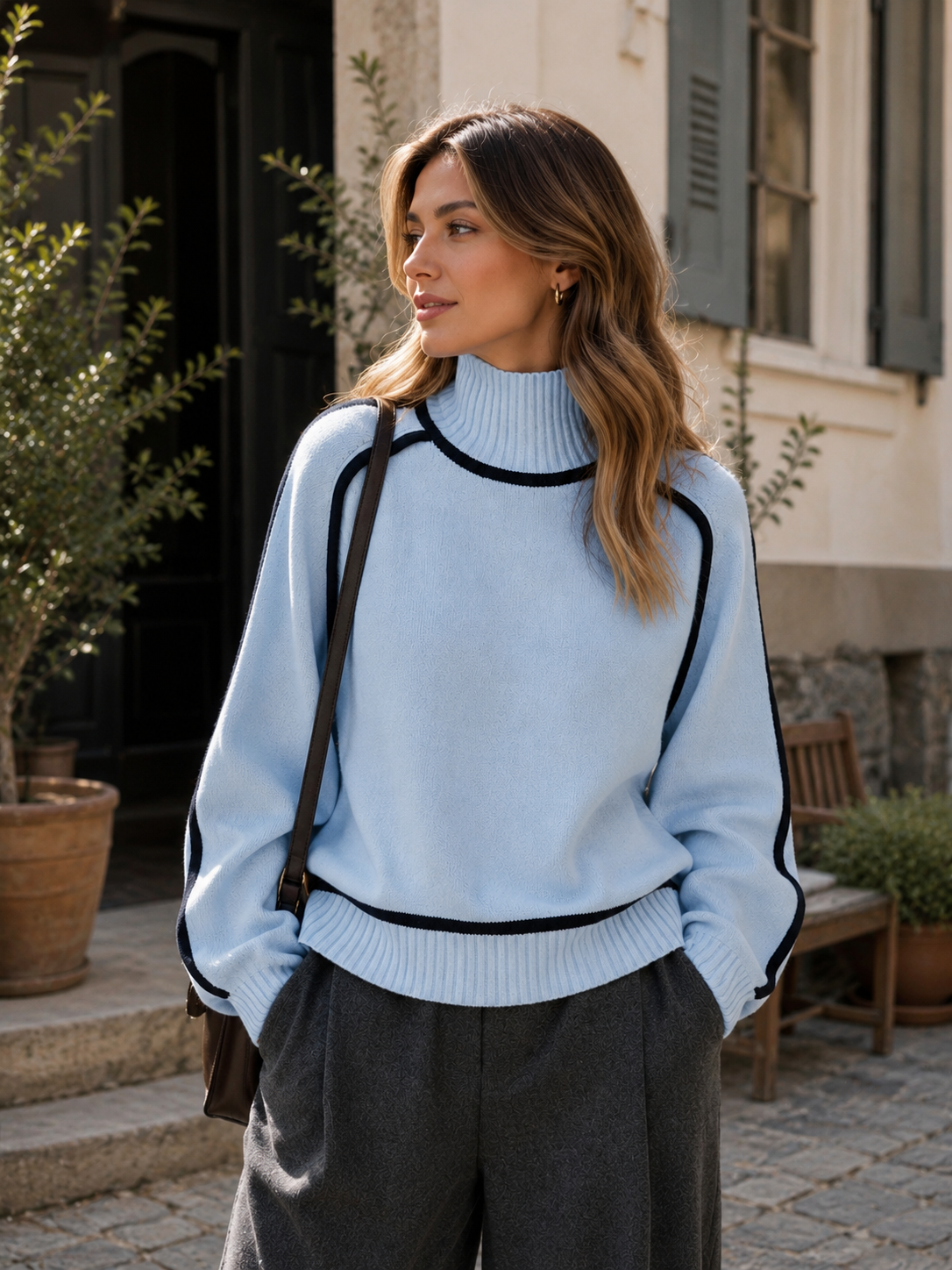 Ribbed Knit Oversized Sweater with Roll Neck for Women in Light Blue