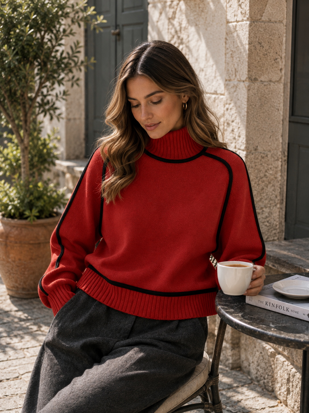 Ribbed Knit Oversized Sweater with Roll Neck for Women in Red