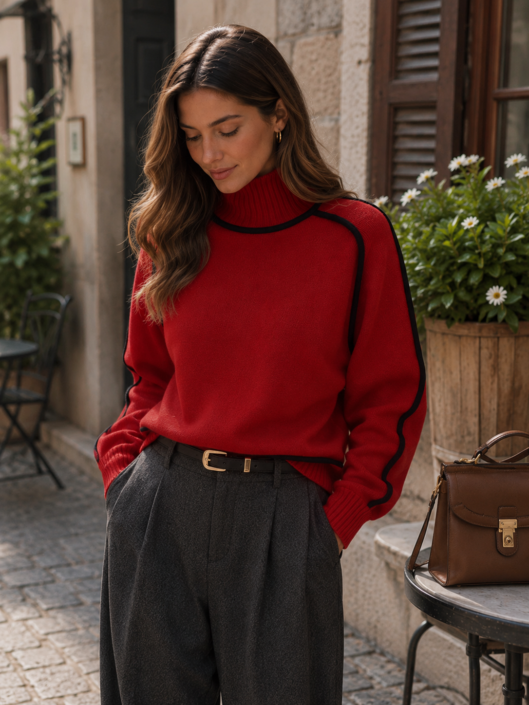 Ribbed Knit Oversized Sweater with Roll Neck for Women