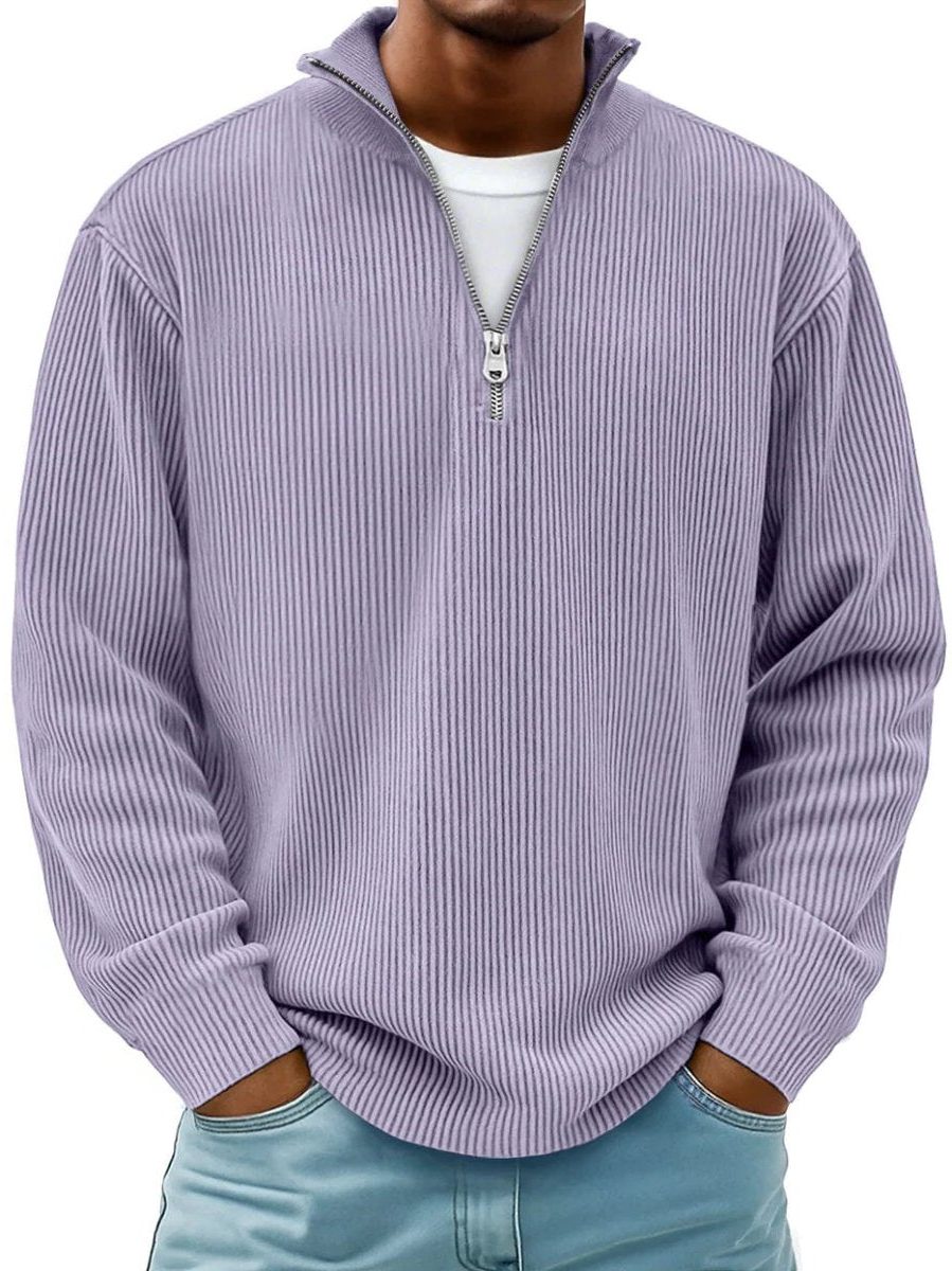 Ribbed Knit Quarter-Zip Jumper with Stand Collar for Men in Purple