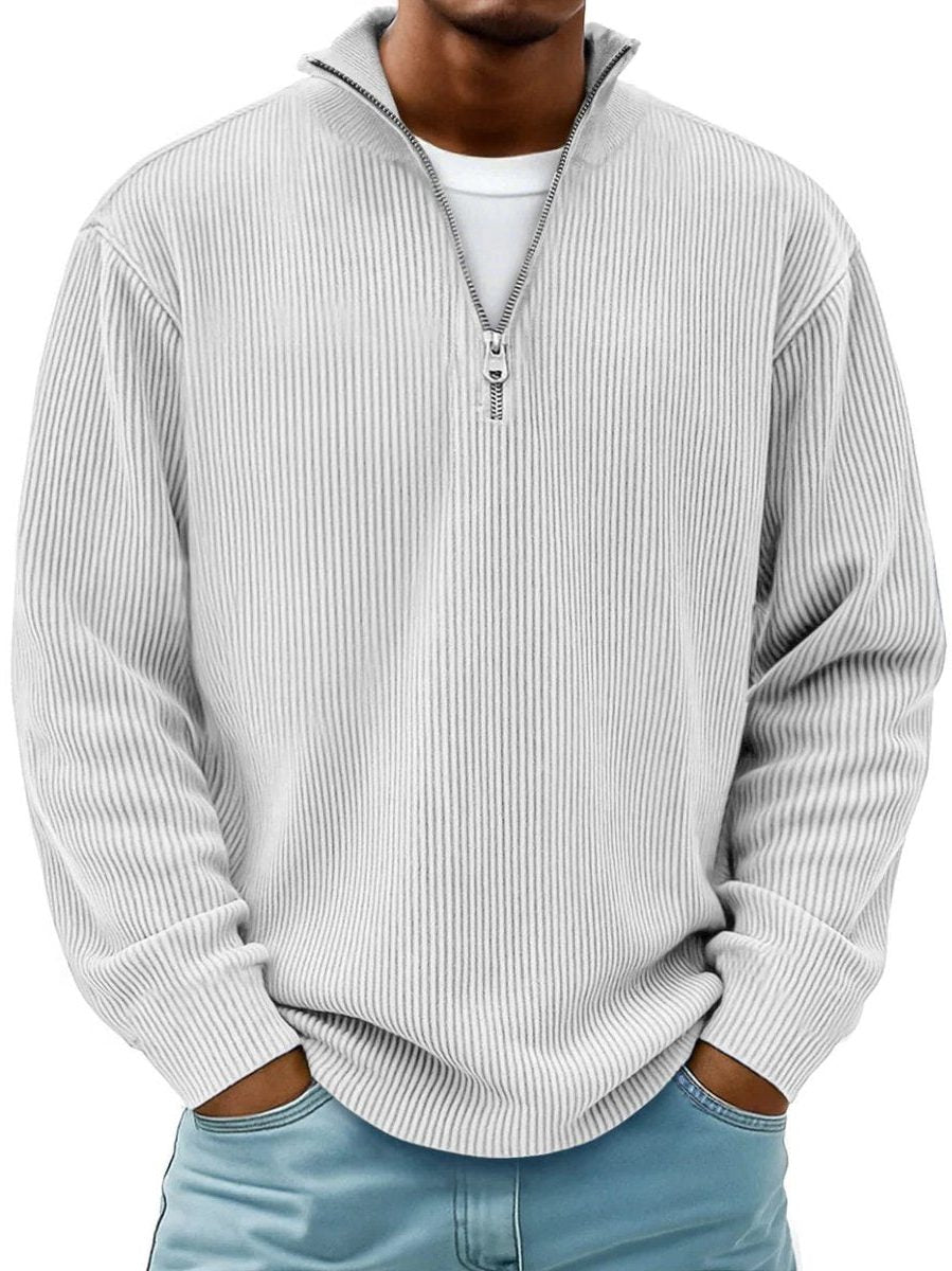 Ribbed Knit Quarter-Zip Jumper with Stand Collar for Men in White
