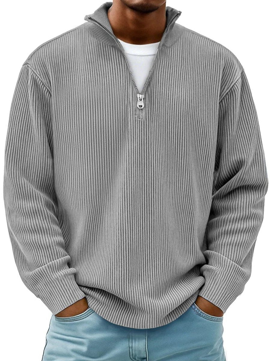 Ribbed Knit Quarter-Zip Jumper with Stand Collar for Men in Grey