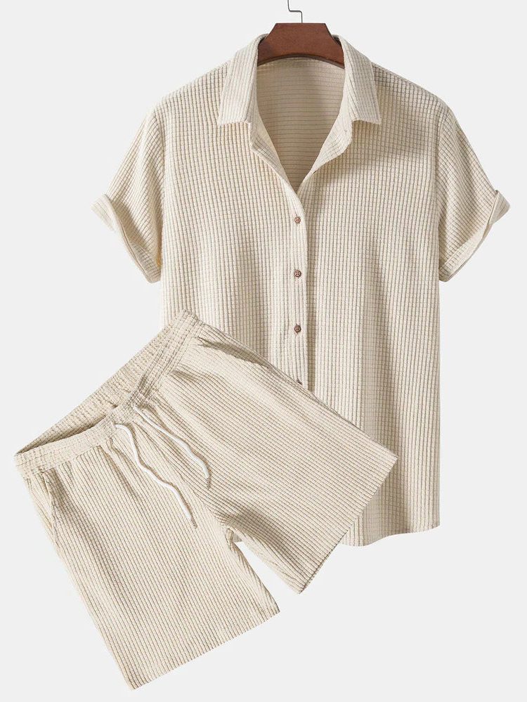 Ribbed Knit Short Sleeve Shirt and Shorts Set for Men in Beige