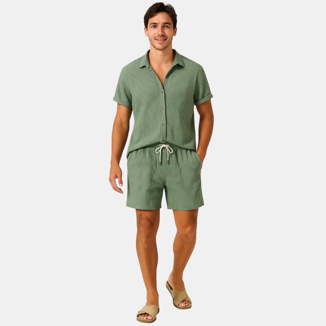 Ribbed Knit Short Sleeve Shirt and Shorts Set for Men