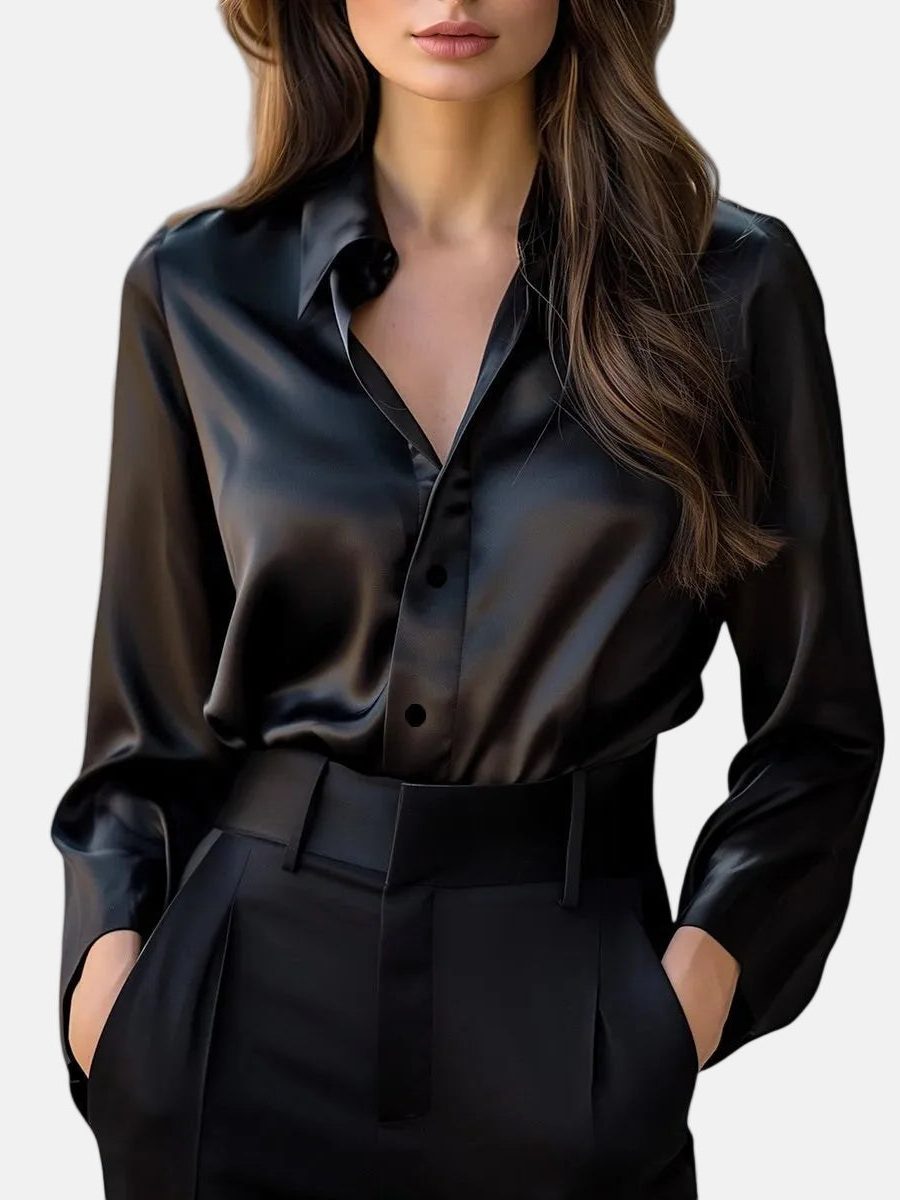 Satin Blouse with Button-Down Front for Women in Black