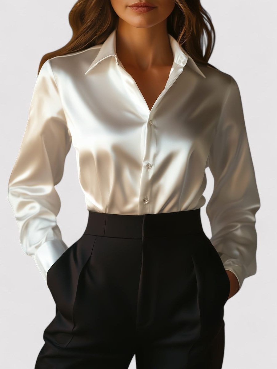 Satin Blouse with Button-Down Front for Women in White