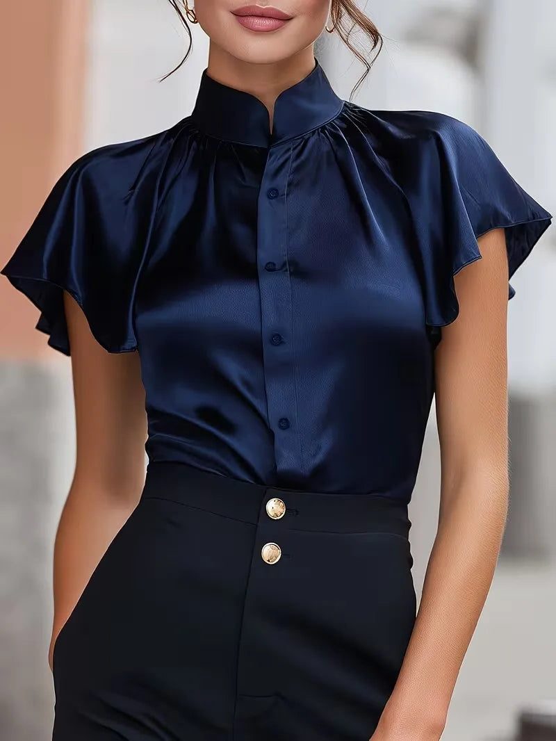 Satin Button-Down Blouse with Stand Collar and Short Sleeves for Women in Navy Blue