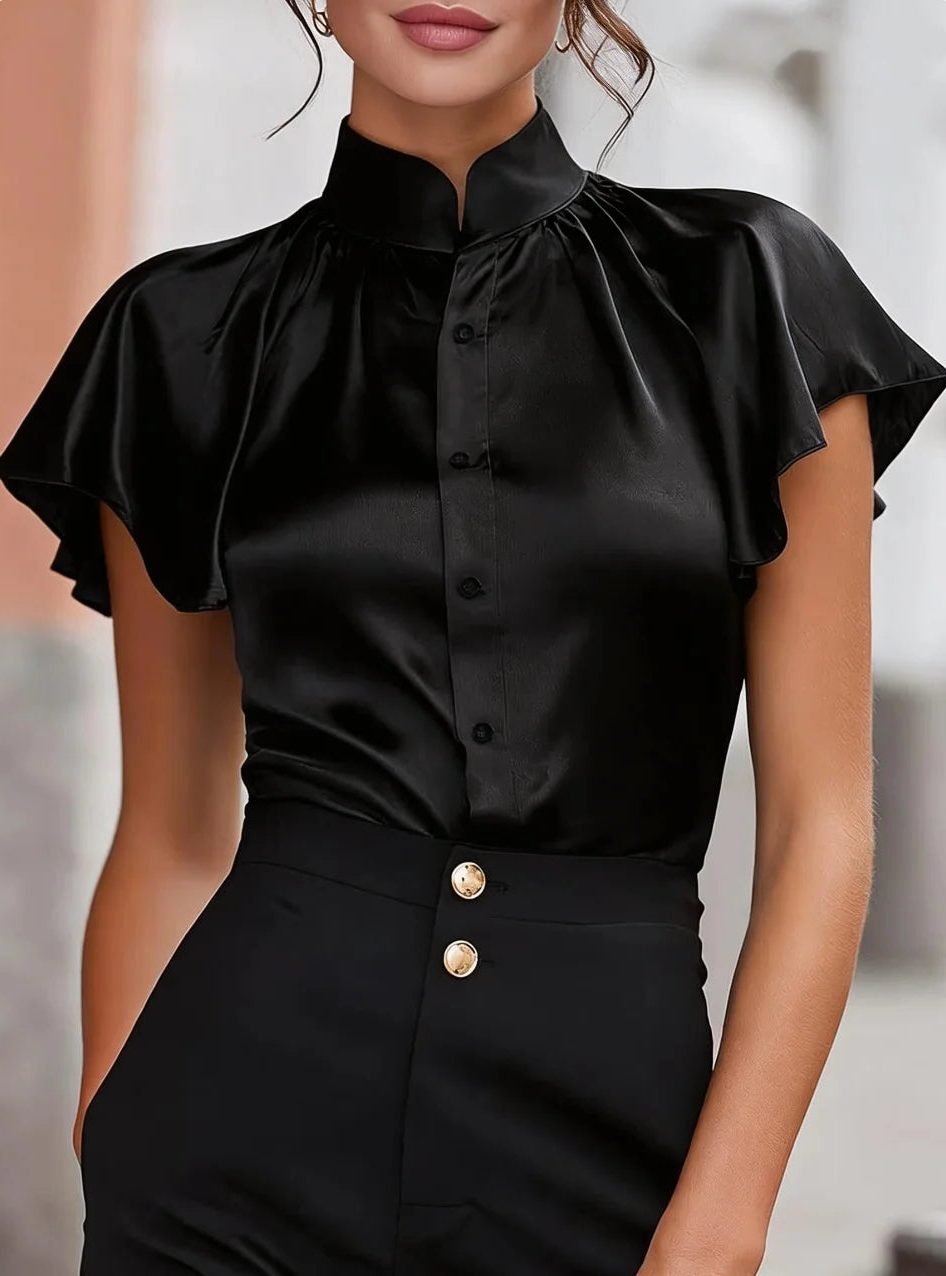 Satin Button-Down Blouse with Stand Collar and Short Sleeves for Women in Black