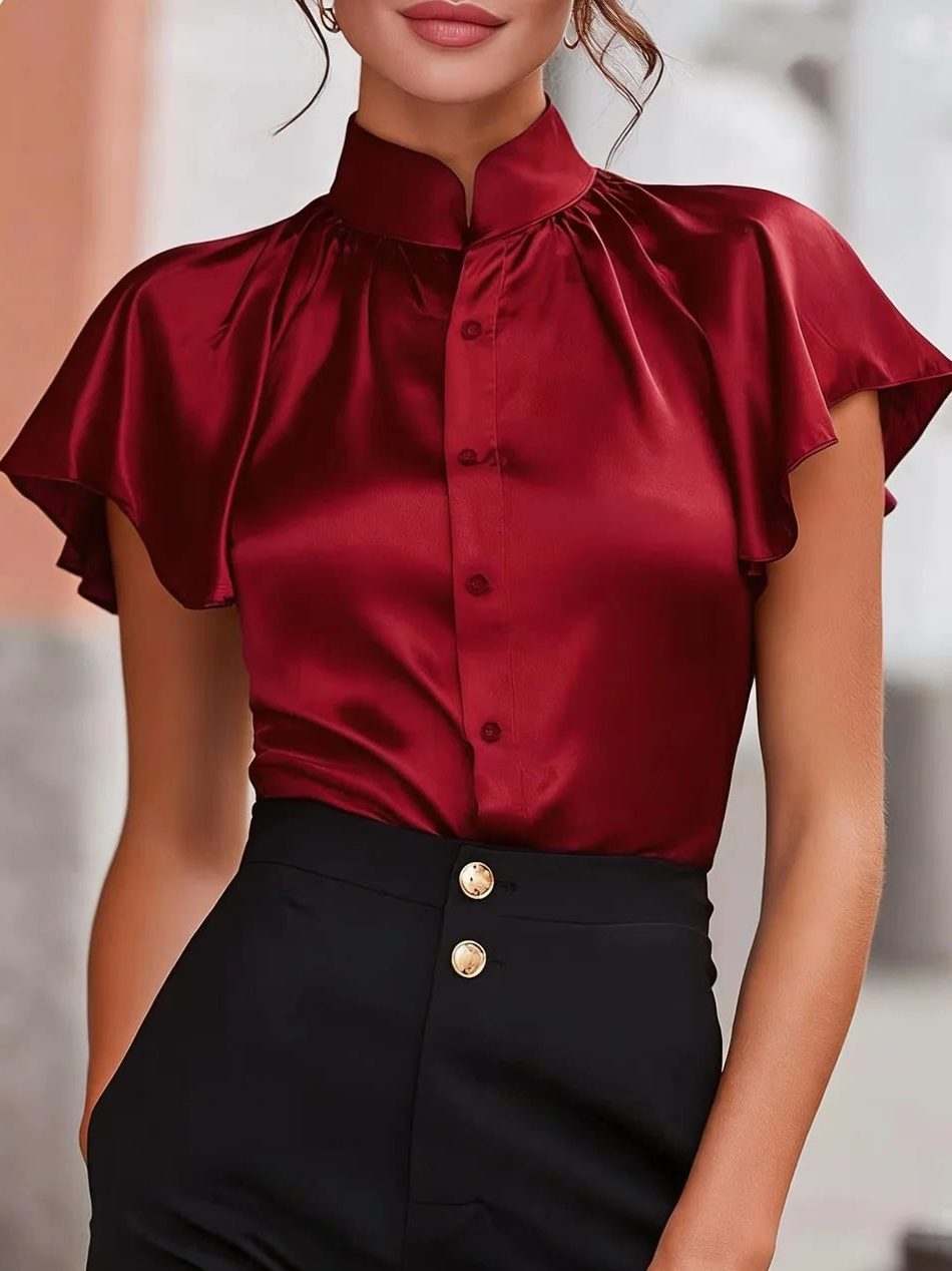 Satin Button-Down Blouse with Stand Collar and Short Sleeves for Women in Red