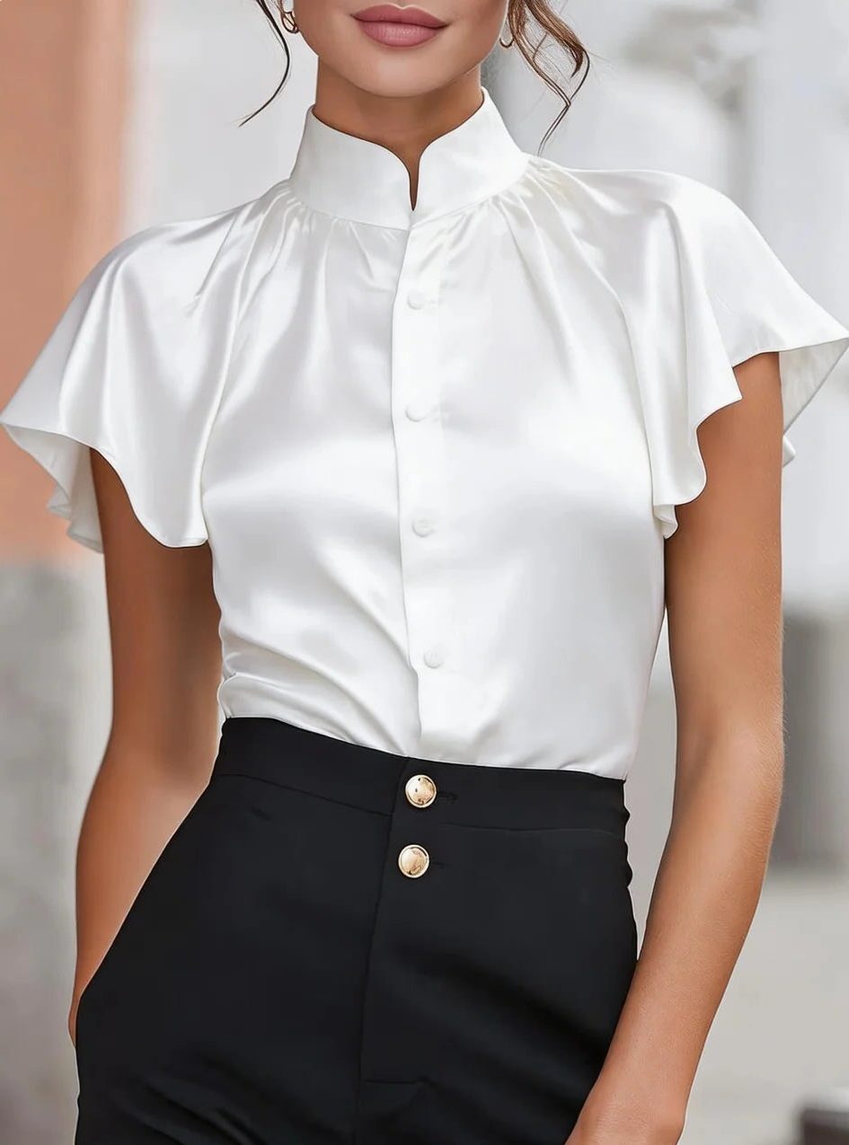 Satin Button-Down Blouse with Stand Collar and Short Sleeves for Women in White