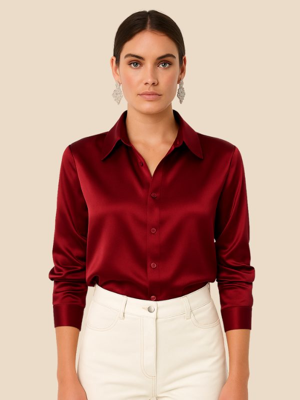 Satin Button-Down Shirt with Pointed Collar for Women in Red