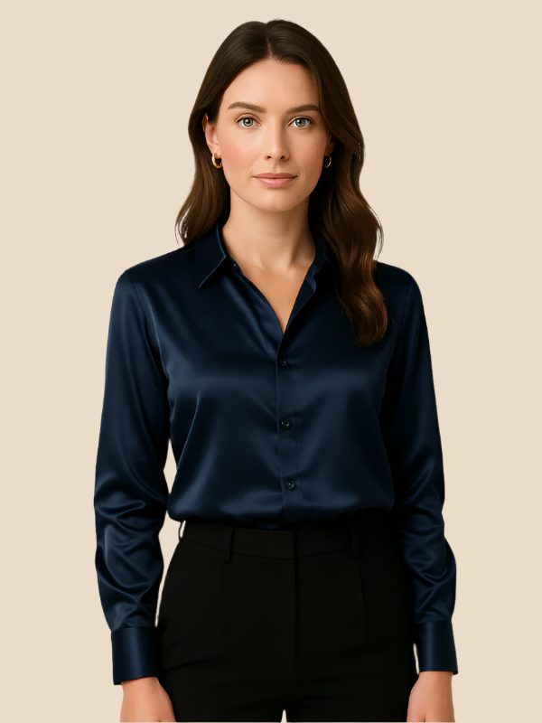 Satin Button-Down Shirt with Pointed Collar for Women in Navy