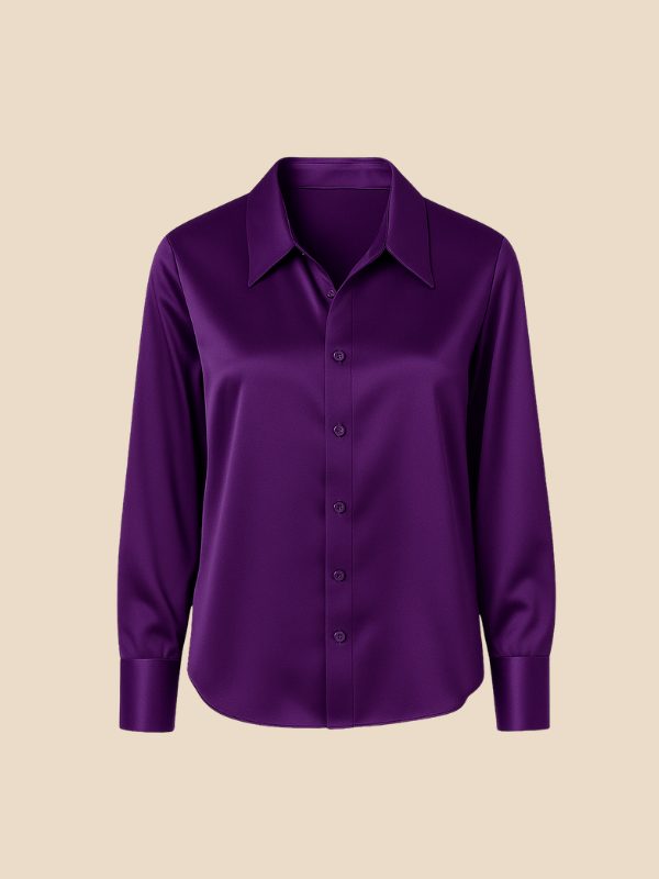 Satin Button-Down Shirt with Pointed Collar for Women