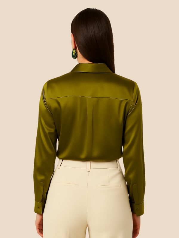 Satin Button-Down Shirt with Pointed Collar for Women