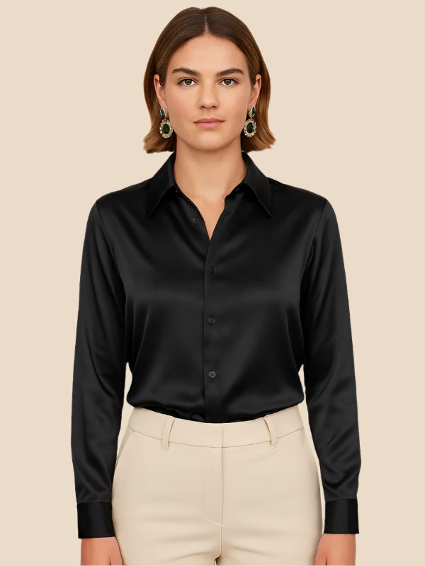 Satin Button-Down Shirt with Pointed Collar for Women in Black