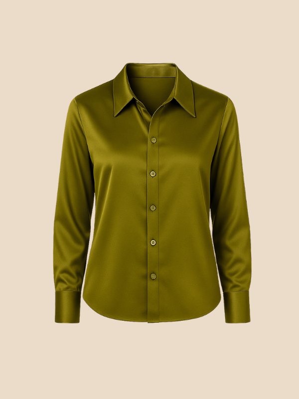 Satin Button-Down Shirt with Pointed Collar for Women