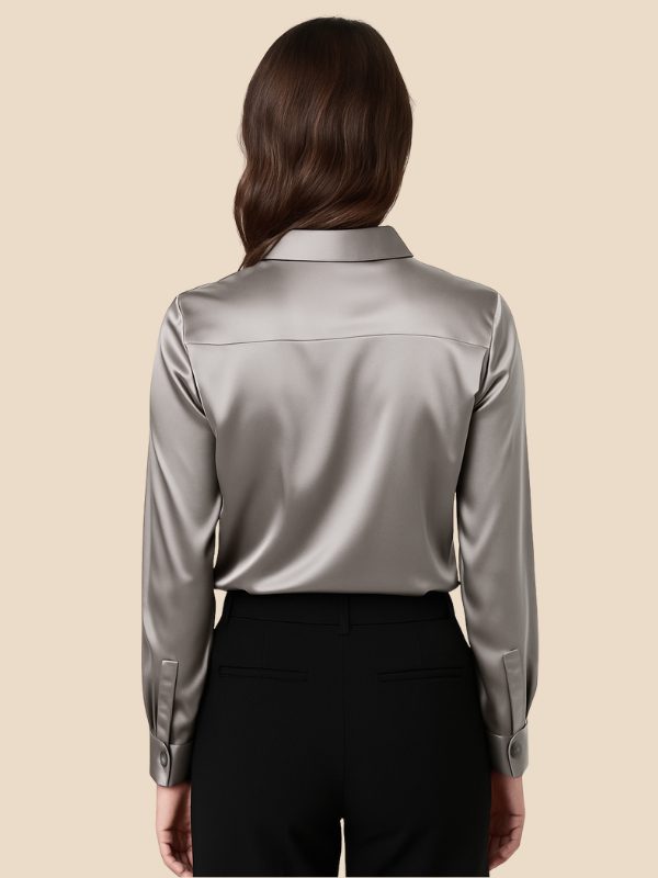 Satin Button-Down Shirt with Pointed Collar for Women