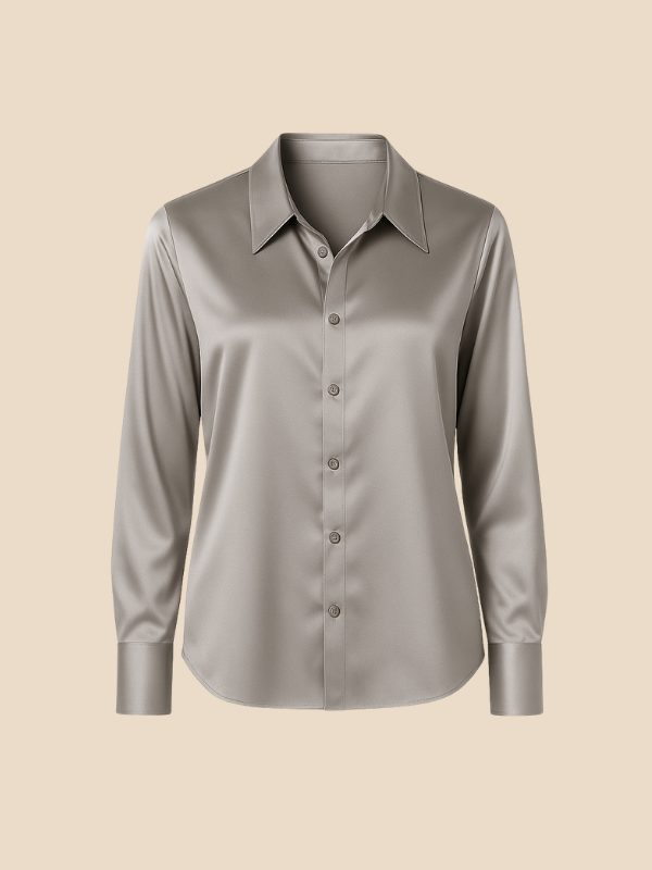 Satin Button-Down Shirt with Pointed Collar for Women