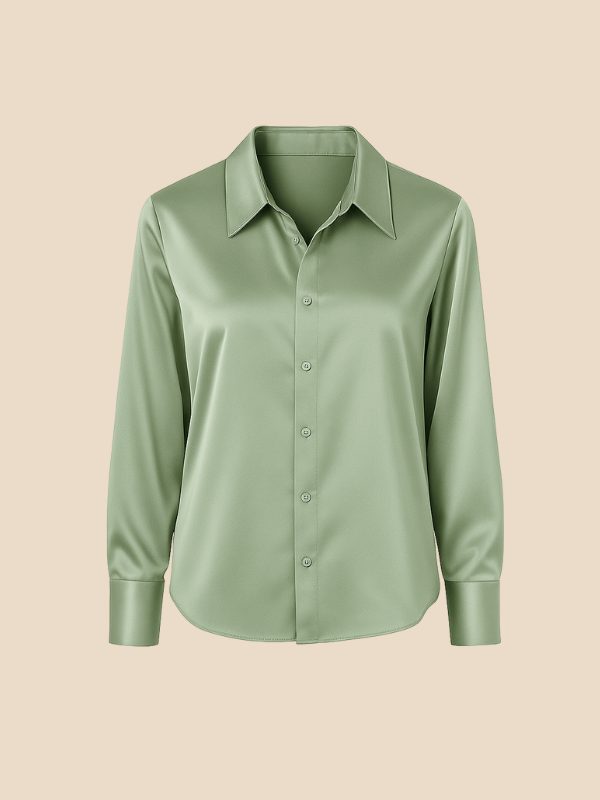 Satin Button-Down Shirt with Pointed Collar for Women
