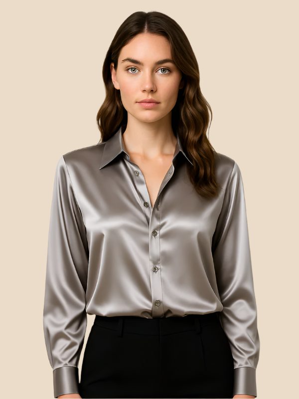 Satin Button-Down Shirt with Pointed Collar for Women in Grey