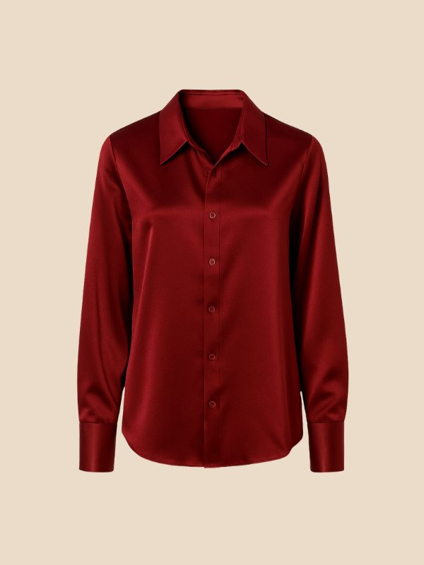 Satin Button-Down Shirt with Pointed Collar for Women
