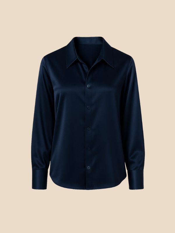Satin Button-Down Shirt with Pointed Collar for Women