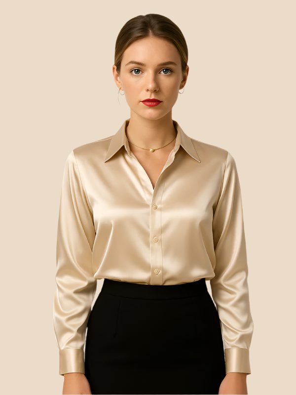 Satin Button-Down Shirt with Pointed Collar for Women in Beige