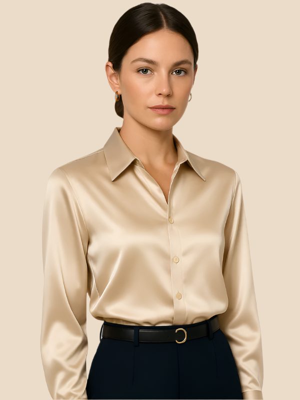 Satin Button-Down Shirt with Pointed Collar for Women in Apricot