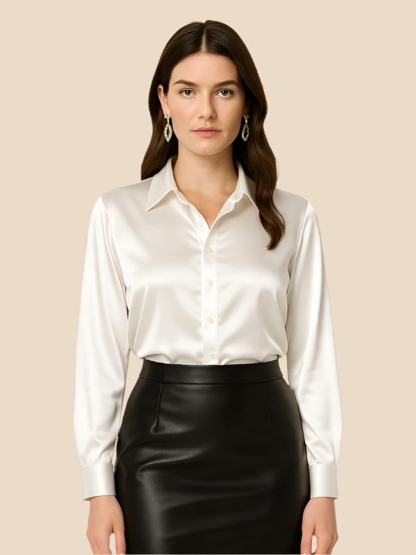 Satin Button-Down Shirt with Pointed Collar for Women in White