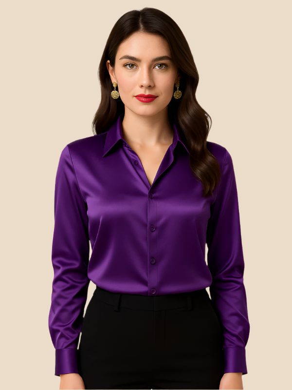 Satin Button-Down Shirt with Pointed Collar for Women in Purple