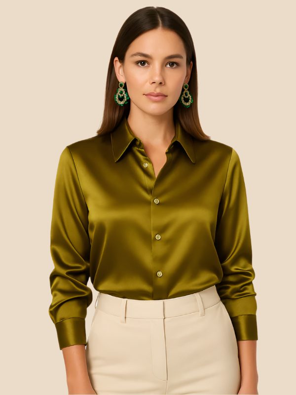 Satin Button-Down Shirt with Pointed Collar for Women in Yellow
