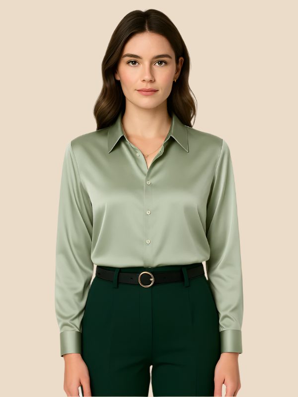 Satin Button-Down Shirt with Pointed Collar for Women in Green