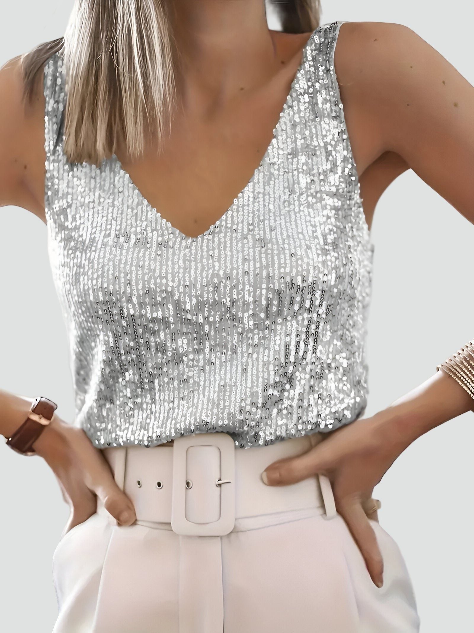 Sequin Sleeveless Tank Top with V-Neck for Women in Light Grey