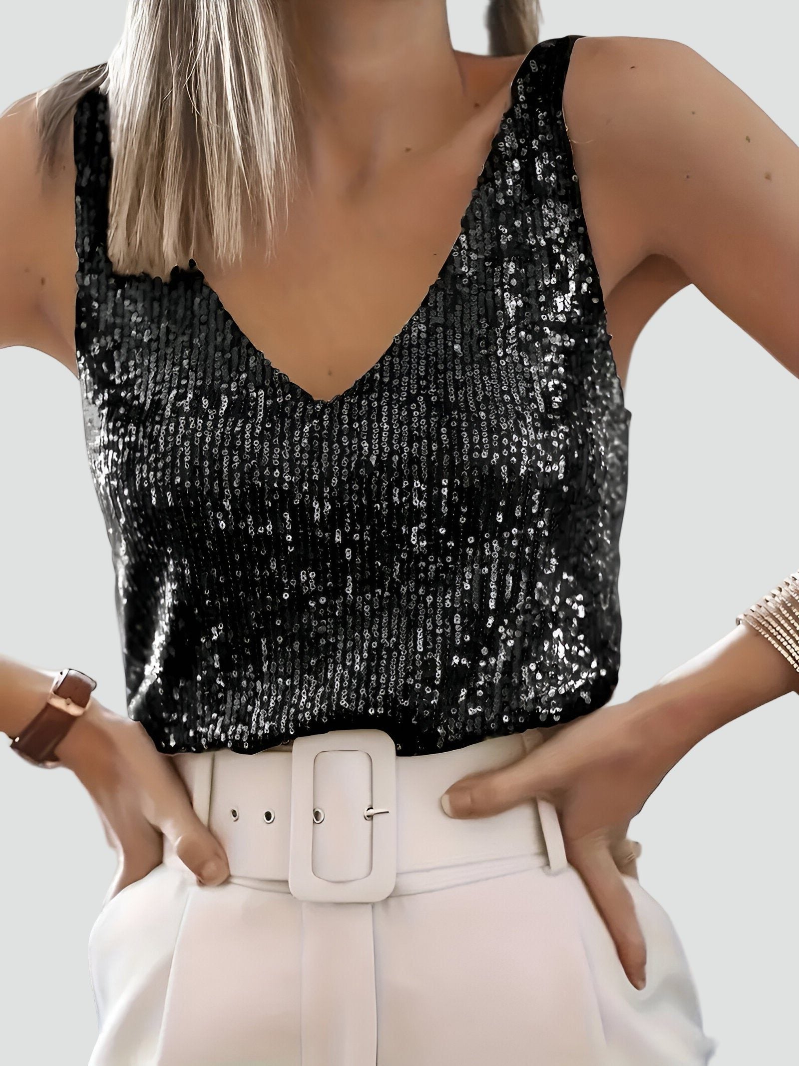 Sequin Sleeveless Tank Top with V-Neck for Women in Black