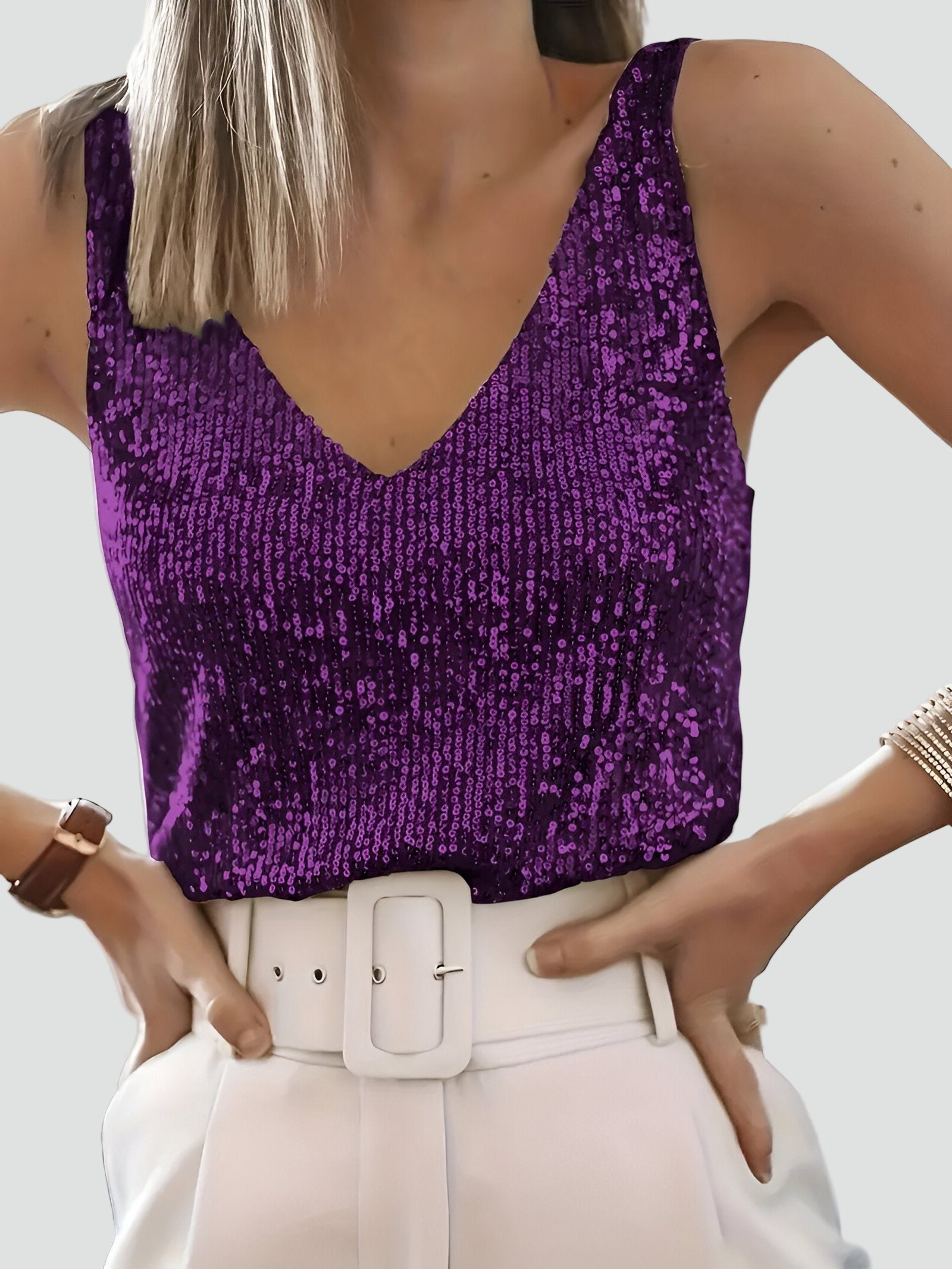 Sequin Sleeveless Tank Top with V-Neck for Women in Purple