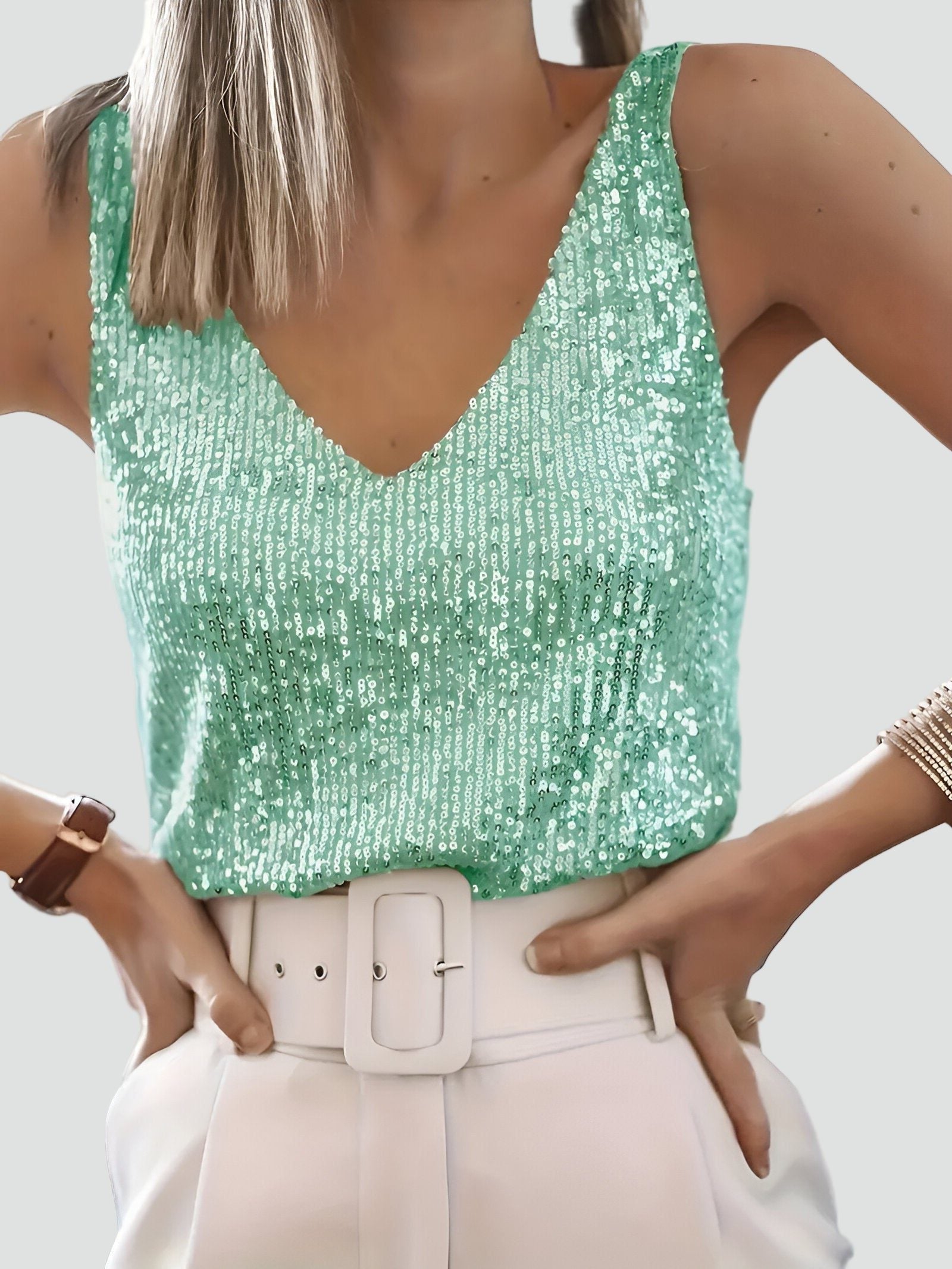 Sequin Sleeveless Tank Top with V-Neck for Women in Light Green